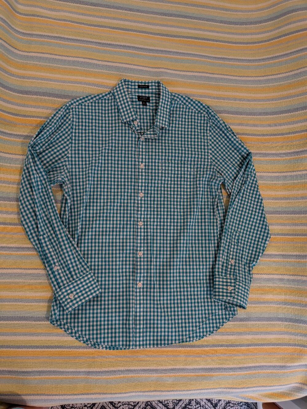 J.Crew Factory Mens Size XL 17-17.5 Teal Blue White Gingham Thompson Dress Shirt
